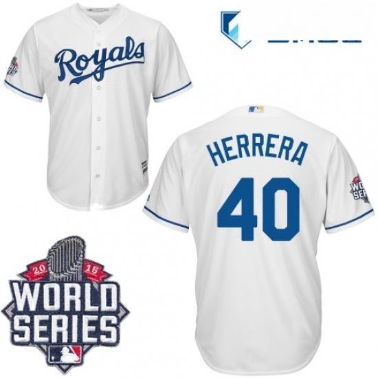 Mens Majestic Kansas City Royals 40 Kelvin Herrera Replica White Home Cool Base 2015 World Series Patch MLB Jersey