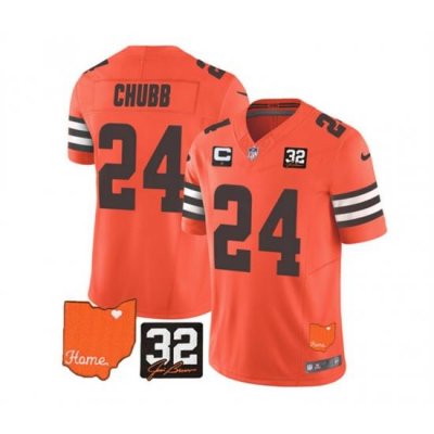 Men Cleveland Browns 24 Nick Chubb Orange 2023 F U S E  With Jim Brown Memorial Patch And 1 Star C Patch Vapor Untouchable Limited Stitched Jersey