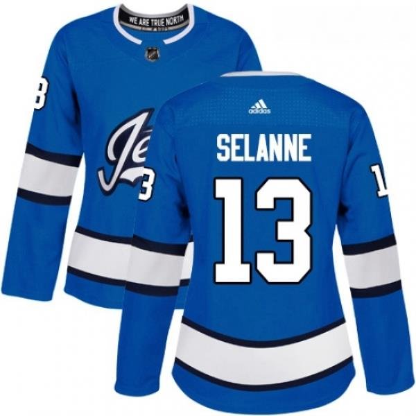 Womens Adidas Winnipeg Jets 13 Teemu Selanne Authentic Blue Alternate NHL Jersey