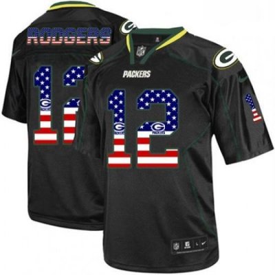 Men Nike Green Bay Packers 12 Aaron Rodgers Elite Black USA Flag Fashion NFL Jersey