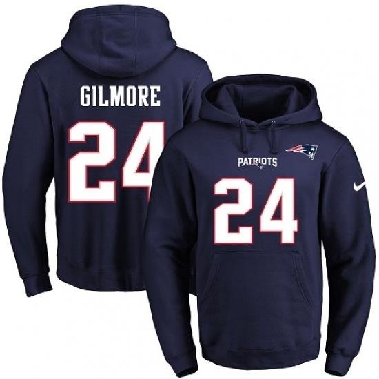 NFL Mens Nike New England Patriots 24 Stephon Gilmore Navy Blue Name Number Pullover Hoodie