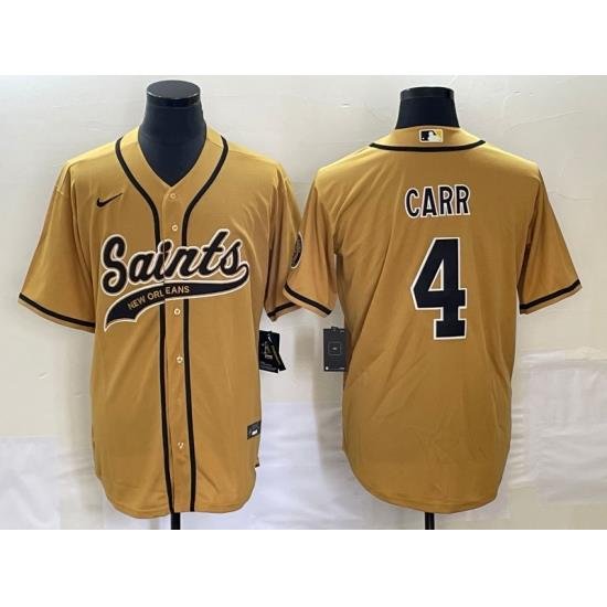 Men's New Orleans Saints #4 Derek Carr Gold With Patch Cool Base Stitched Baseball Jersey