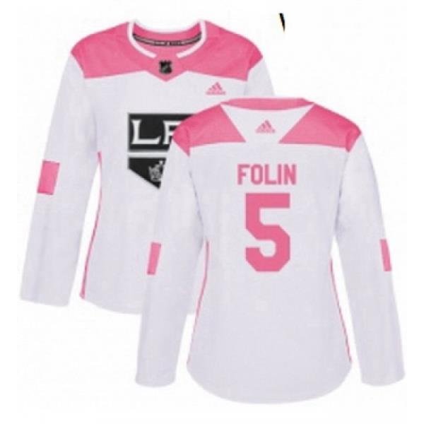 Womens Adidas Los Angeles Kings 5 Christian Folin Authentic WhitePink Fashion NHL Jersey