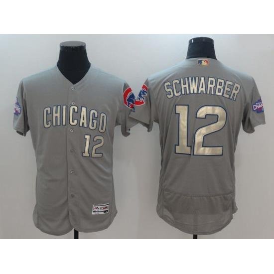 Men Chicago Cubs 12 SchWarber Grey Champion gold character Elite 2021 MLB Jerseys