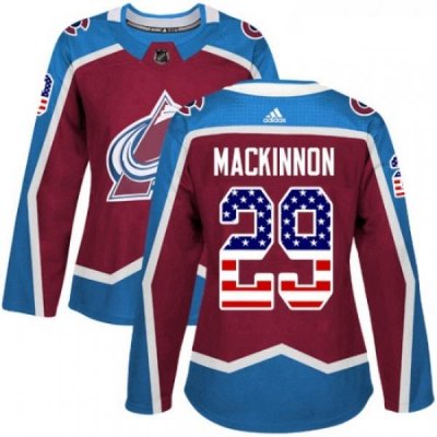 Womens Adidas Colorado Avalanche 29 Nathan MacKinnon Authentic Burgundy Red USA Flag Fashion NHL Jersey