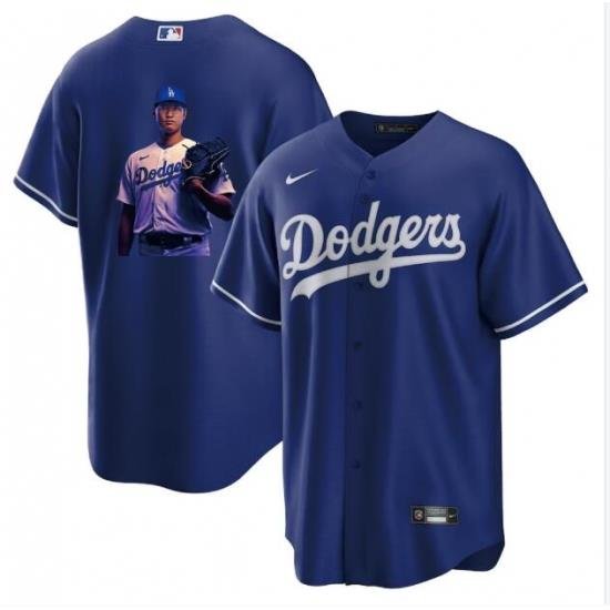 Men Los Angeles Dodgers 17 Shohei Ohtani Blue Big Logo Cool Base Stitched Jersey 2