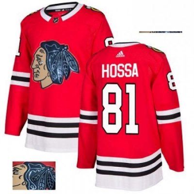 Mens Adidas Chicago Blackhawks 81 Marian Hossa Authentic Red Fashion Gold NHL Jersey