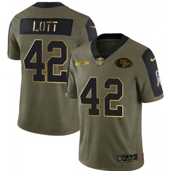 Men San Francisco 49ers 42 Ronnie Lott 2021 Olive Camo Salute To Service Golden Limited Stitched Jersey