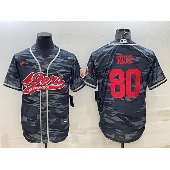 Men San Francisco 49ers 80 Jerry Rice Grey Red Camo With Patch Cool Base Stitched Baseball Jersey