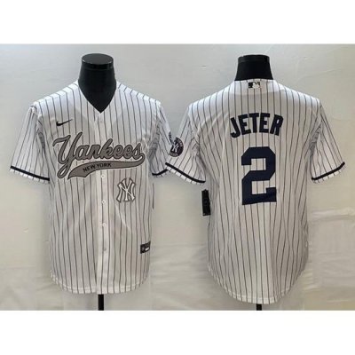 Men NeW York Yankees 2 Derek Jeter White With Patch Cool Base Stitched Baseball Jersey