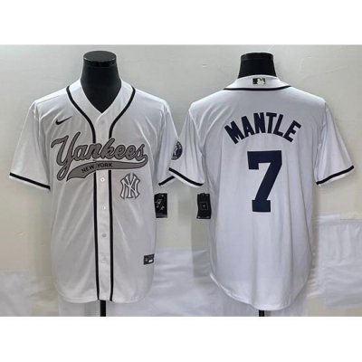 Men NeW York Yankees 7 Mickey Mantle White With Patch Cool Base Stitched Baseball Jersey