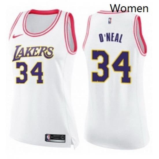 Womens Nike Los Angeles Lakers 34 Shaquille ONeal Swingman WhitePink Fashion NBA Jersey