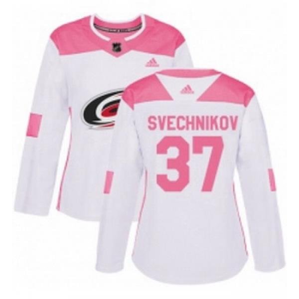 Womens Adidas Carolina Hurricanes 37 Andrei Svechnikov Authentic White Pink Fashion NHL Jersey