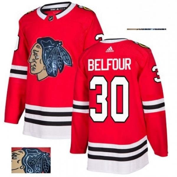 Mens Adidas Chicago Blackhawks 30 ED Belfour Authentic Red Fashion Gold NHL Jersey