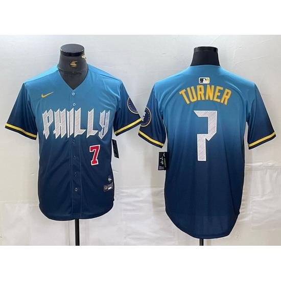 Men Philadelphia Phillies 7 Trea Turner Blue 2024 City Connect Limited Stitched Jersey 1