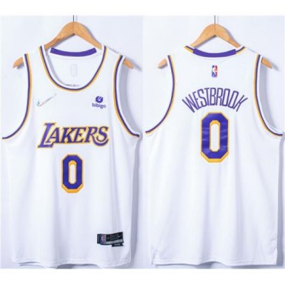 Men's Los Angeles Lakers #0 Russell Westbrook 75th Anniversary Bibigo White Stitched Basketball Jersey