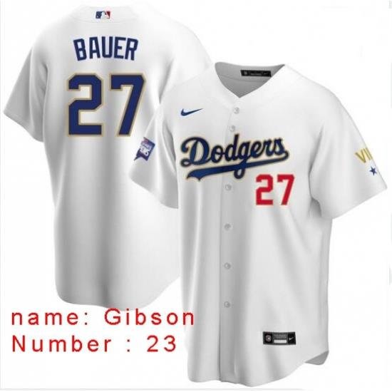 Men Los Angeles Dodgers Kirk Gibson 23 Championship Gold Trim White Limited All Stitched Flex Base Jersey