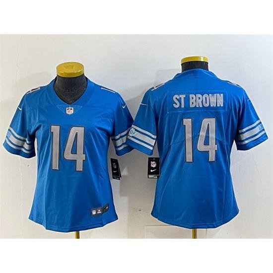 Women Detroit Lions 14 Amon Ra St  Brown Blue Vapor Limited Stitched Football Jersey