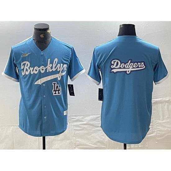 Men Los Angeles Dodgers Team Big Logo Light Blue ThroWback Cool Base Stitched Baseball Jersey 5