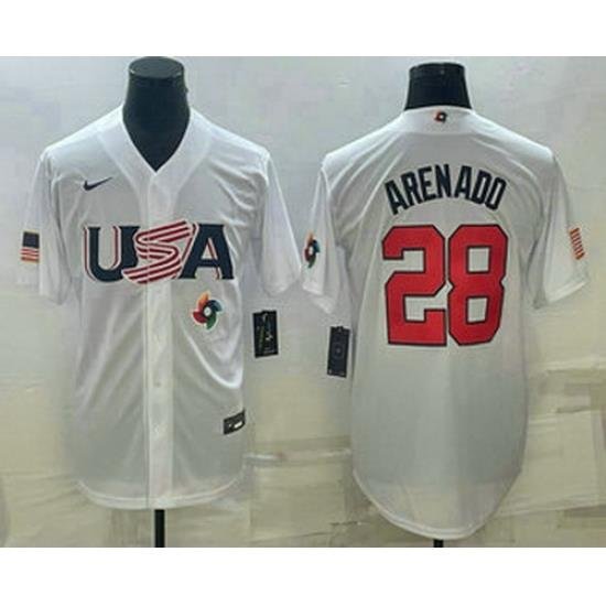 Men's USA Baseball #28 Nolan Arenado Number 2023 White World Baseball Classic Replica Stitched Jersey1