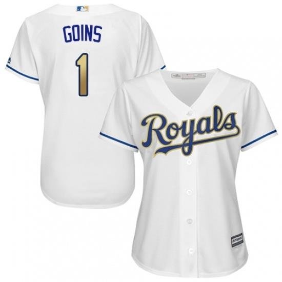 Womens Majestic Kansas City Royals 1 Ryan Goins Replica White Home Cool Base MLB Jersey