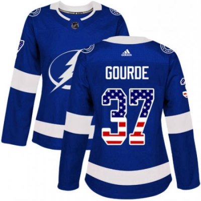 Womens Adidas Tampa Bay Lightning 37 Yanni Gourde Authentic Blue USA Flag Fashion NHL Jersey