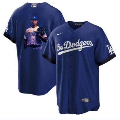 Men Los Angeles Dodgers 17 Shohei Ohtani Blue Big Logo City Connect Cool Base Stitched Jersey 3