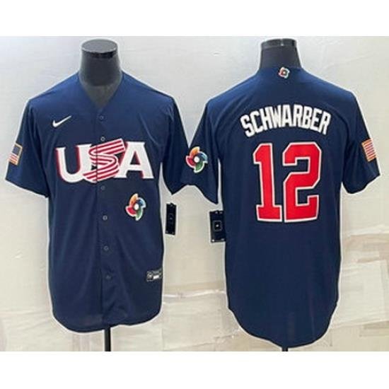 Men's USA Baseball #12 Kyle SchWarber 2023 Navy World Baseball Classic Stitched Jersey