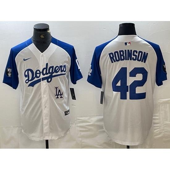 Men Los Angeles Dodgers 42 Jackie Robinson White Blue Vin Patch Cool Base Stitched Baseball Jersey 6