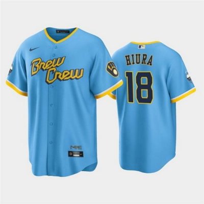 Men MilWaukee BreWers 18 Keston Hiura 2022 PoWder Blue City Connect Cool Base Stitched Jersey