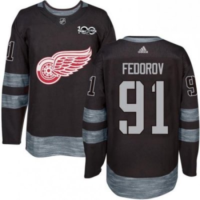 Mens Adidas Detroit Red Wings 91 Sergei Fedorov Authentic Black 1917 2017 100th Anniversary NHL Jersey