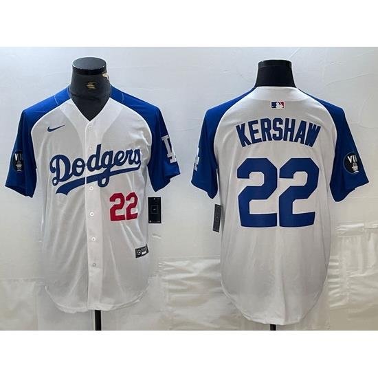 Men Los Angeles Dodgers 22 Clayton KershaW White Blue Vin Patch Cool Base Stitched Baseball Jersey