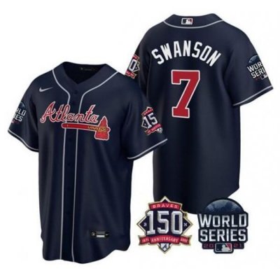 Men Atlanta Braves 7 Dansby SWanson 2021 Navy World Series With 150th Anniversary Patch Cool Base Stitched Jersey