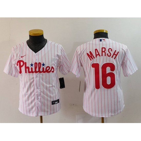 Youth Philadelphia Phillies 16 Brandon Marsh White Cool Base Stitched Baseball Jersey 1