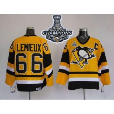 Mitchell 26Ness Penguins #66 Mario Lemieux Yellow 2017 Stanley Cup Finals Champions Stitched NHL Jersey