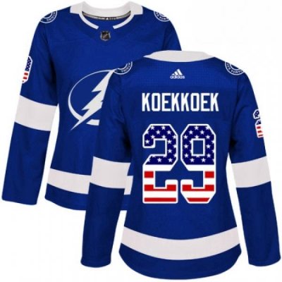 Womens Adidas Tampa Bay Lightning 29 Slater Koekkoek Authentic Blue USA Flag Fashion NHL Jersey