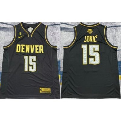 Men Denver Nuggets 15 Nikola Jokic Black Gold 2023 Finals With NO 6 Patch Stitched Basketball Jersey