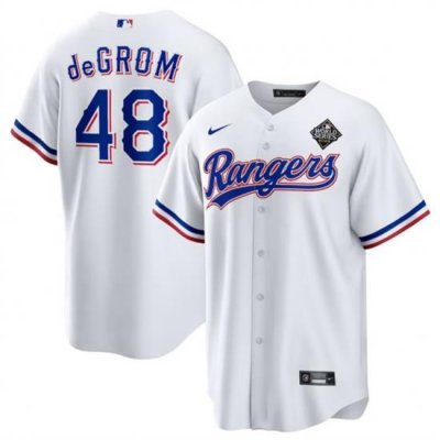 Men Texas Rangers 48 Jacob DeGrom White 2023 World Series Cool Base Stitched Baseball Jersey