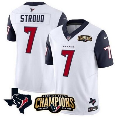 Men Houston Texans 7 C J  Stroud White Navy 2023 F U S E  AFC South Champions Patch And Team Logo Patch Vapor Untouchable Limited Stitched Football JerseyS