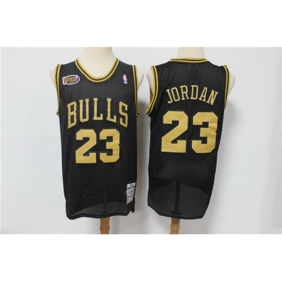 Men Chicago Bulls 23 Michael Jordan Black Gold NBA Finals Patch Jersey