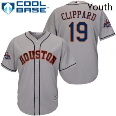 Youth Majestic Houston Astros 19 Tyler Clippard Authentic Grey Road 2017 World Series Champions Cool Base MLB Jersey