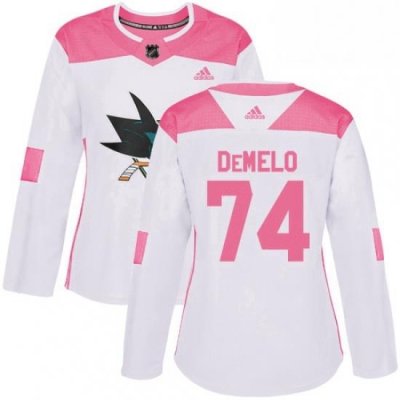 Womens Adidas San Jose Sharks 74 Dylan DeMelo Authentic WhitePink Fashion NHL Jersey