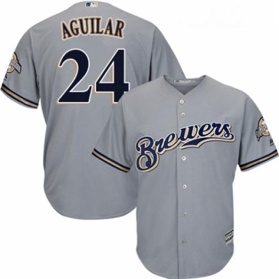 Youth Majestic Milwaukee Brewers 24 Jesus Aguilar Authentic Grey Road Cool Base MLB Jersey