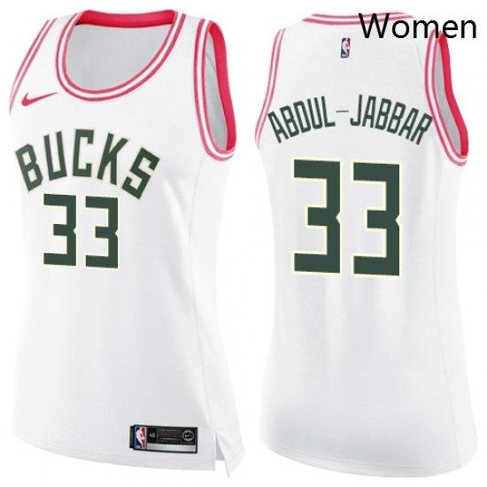 Womens Nike Milwaukee Bucks 33 Kareem Abdul Jabbar Swingman WhitePink Fashion NBA Jersey