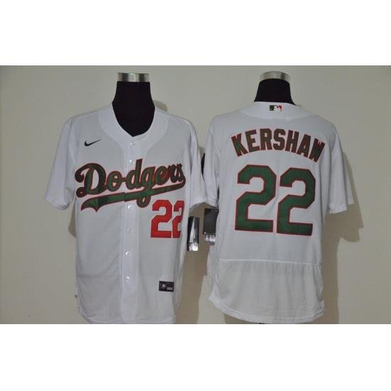 Men Los Angeles Dodgers 22 Clayton KershaW White With Green Name Stitched MLB Flex Base Nike Jersey