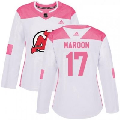 Womens Adidas New Jersey Devils 17 Patrick Maroon Authentic White Pink Fashion NHL Jersey