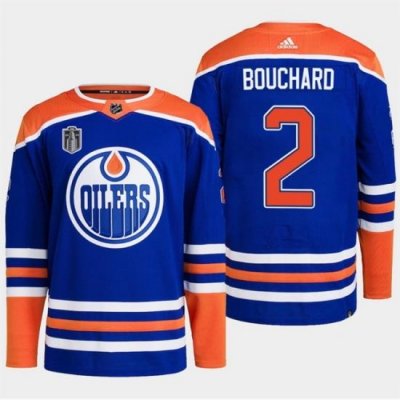 Men Edmonton Oilers 2 Evan Bouchard Royal 2024 Stanley Cup Final Patch Stitched Jersey