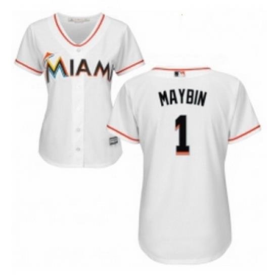 Womens Majestic Miami Marlins 1 Cameron Maybin Replica White Home Cool Base MLB Jersey