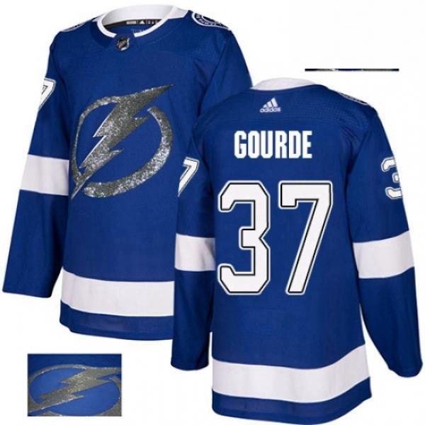 Mens Adidas Tampa Bay Lightning 37 Yanni Gourde Authentic Royal Blue Fashion Gold NHL Jersey