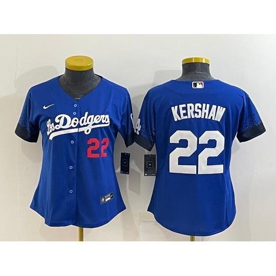 Women's Los Angeles Dodgers #22 Clayton KershaW Blue 2021 City Connect Number Cool Base Stitched Jersey